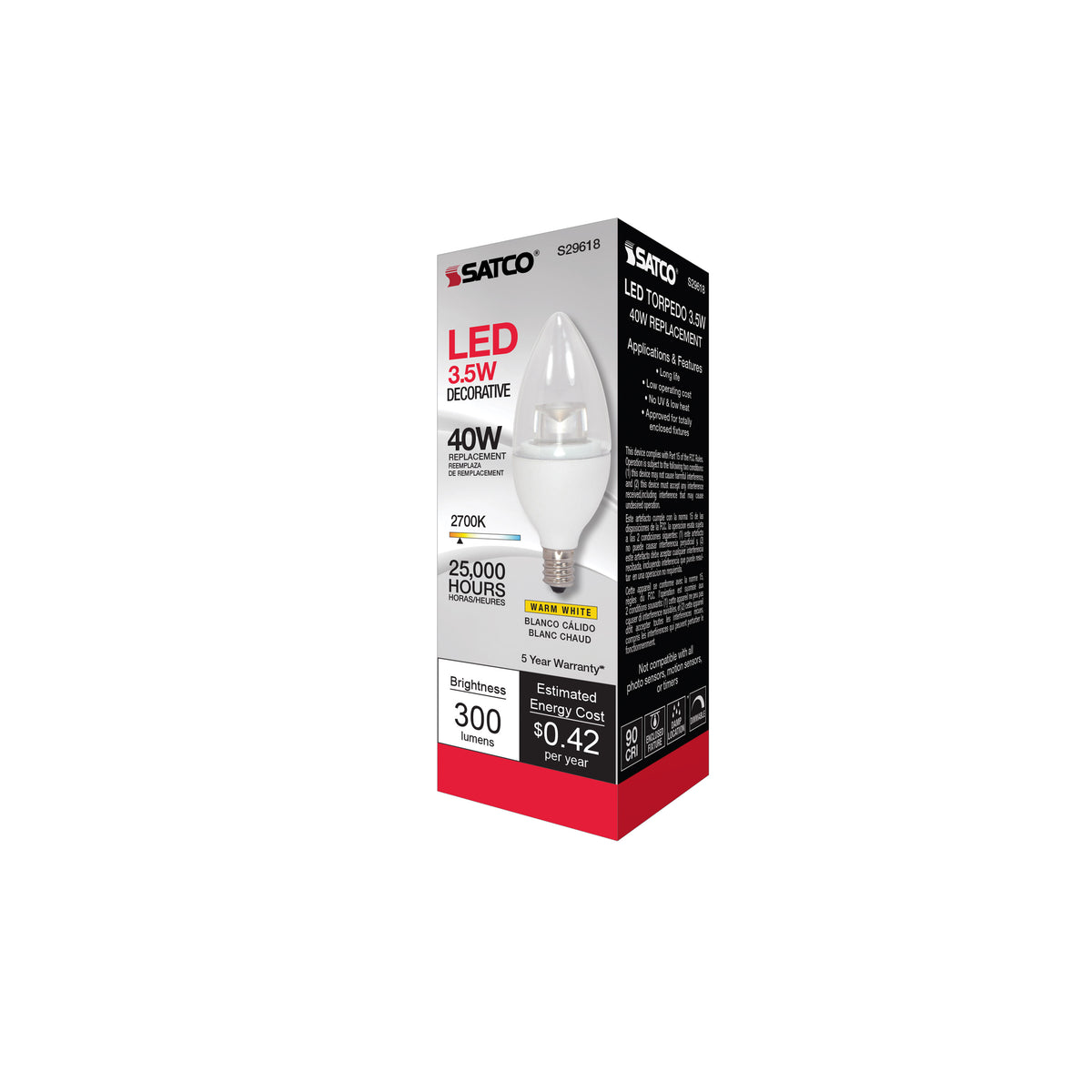 3.5 Watt LED Candle - 2700K - Candelabra base - 120 Volt