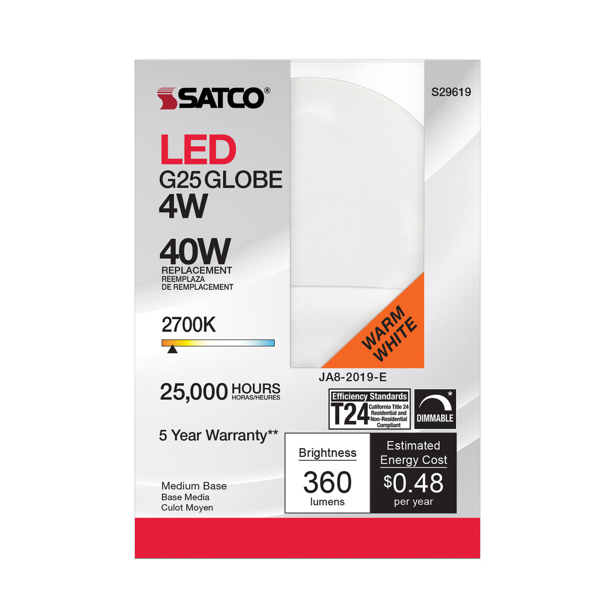 4 Watt - LED G25 - 2700K - Medium base - 120 Volt