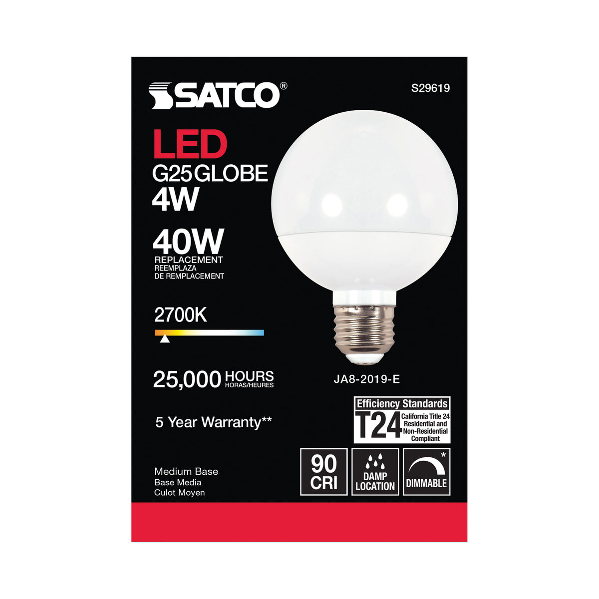 4 Watt - LED G25 - 2700K - Medium base - 120 Volt
