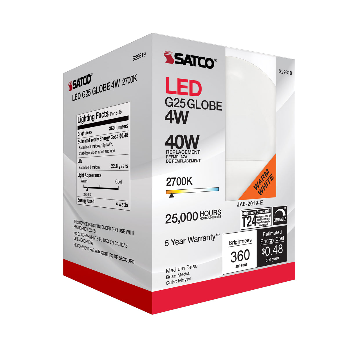 4 Watt - LED G25 - 2700K - Medium base - 120 Volt