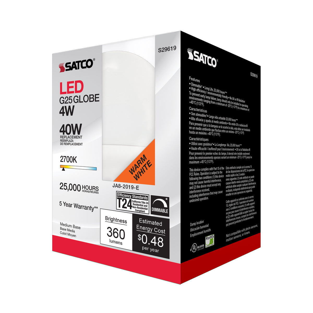 4 Watt - LED G25 - 2700K - Medium base - 120 Volt