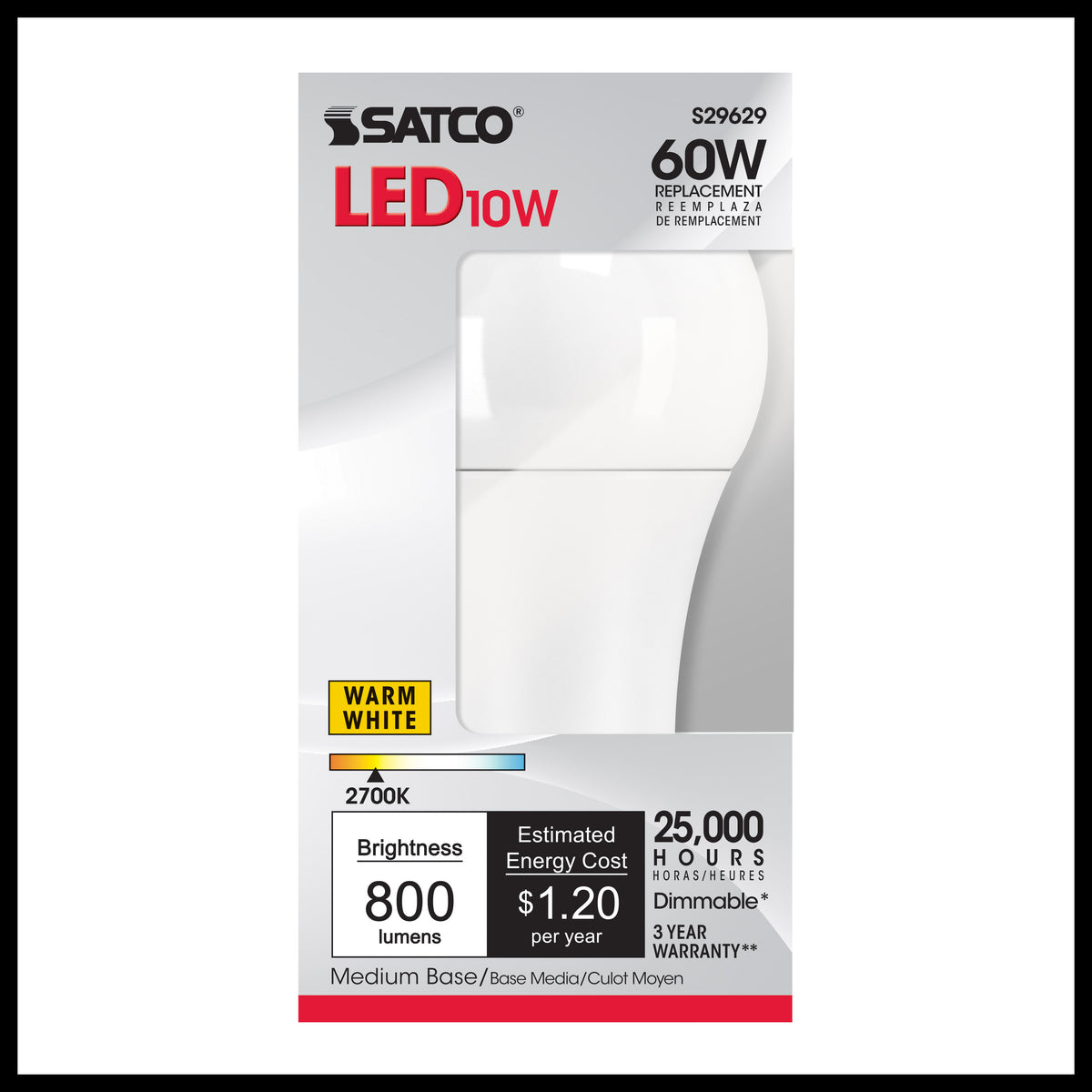 10 Watt - A19 LED - 2700K - Medium base - 240 deg. Beam Angle - 120 Volt