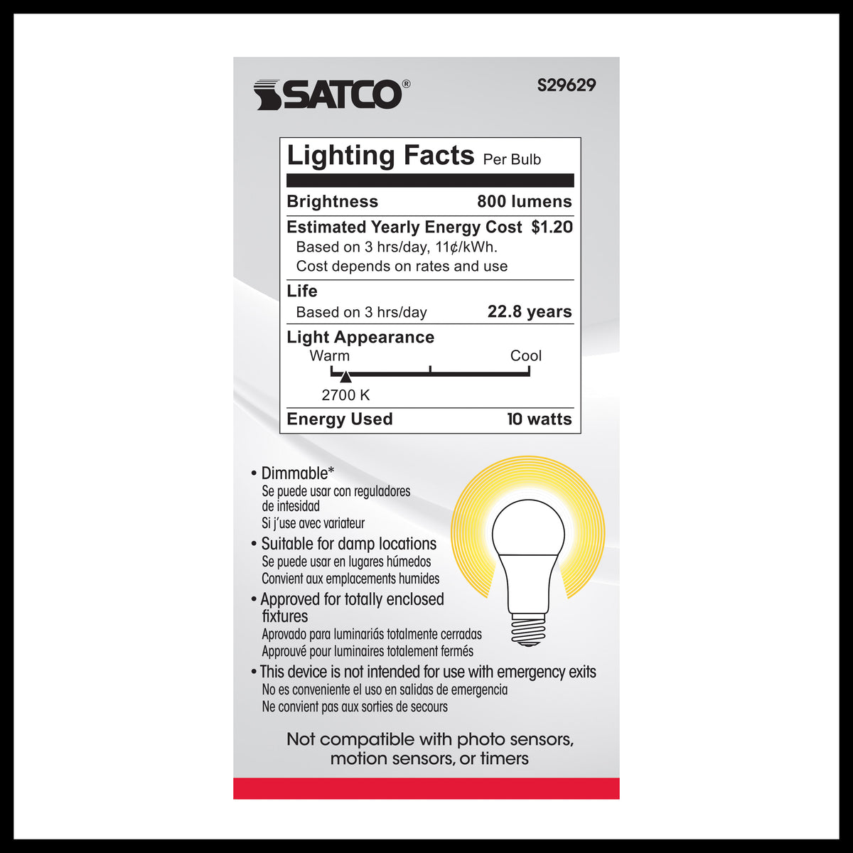 10 Watt - A19 LED - 2700K - Medium base - 240 deg. Beam Angle - 120 Volt