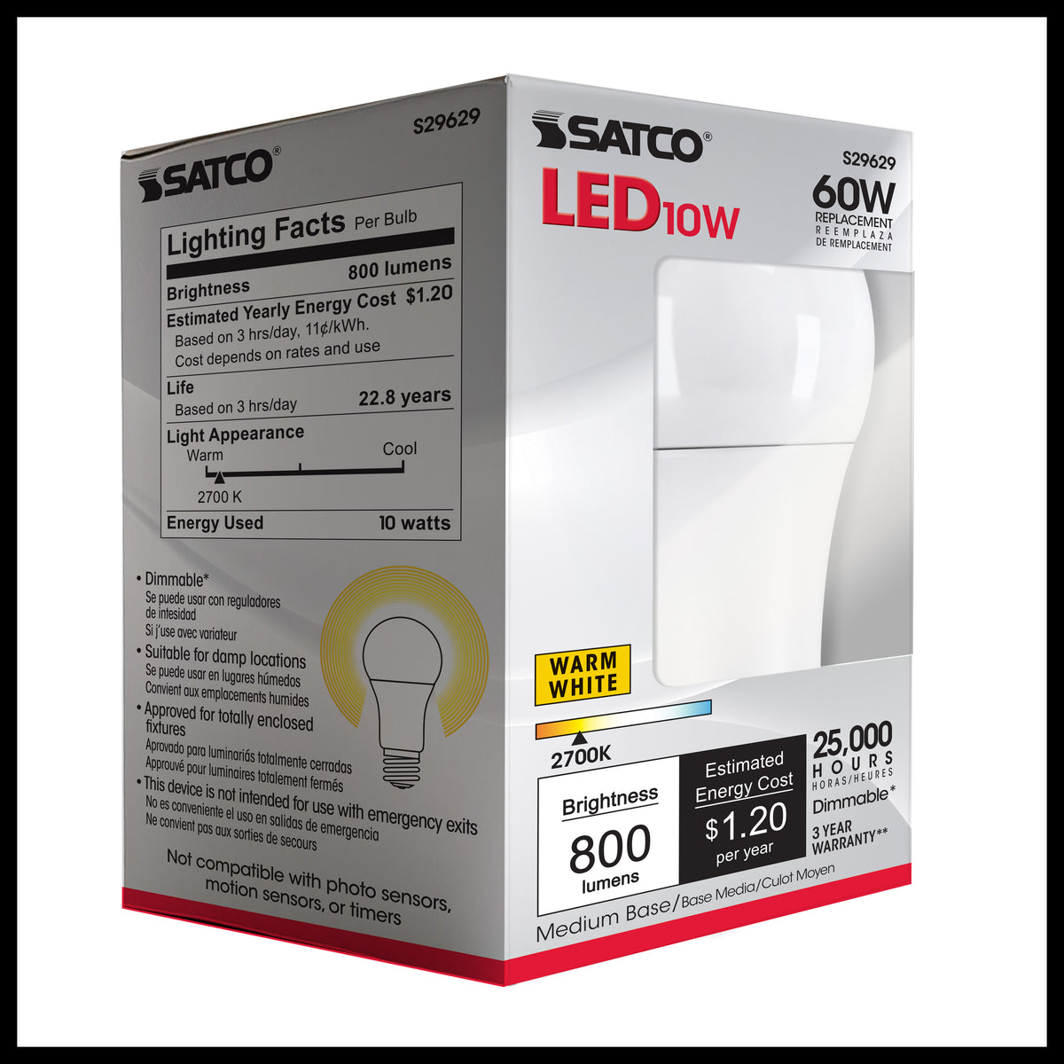 10 Watt - A19 LED - 2700K - Medium base - 240 deg. Beam Angle - 120 Volt