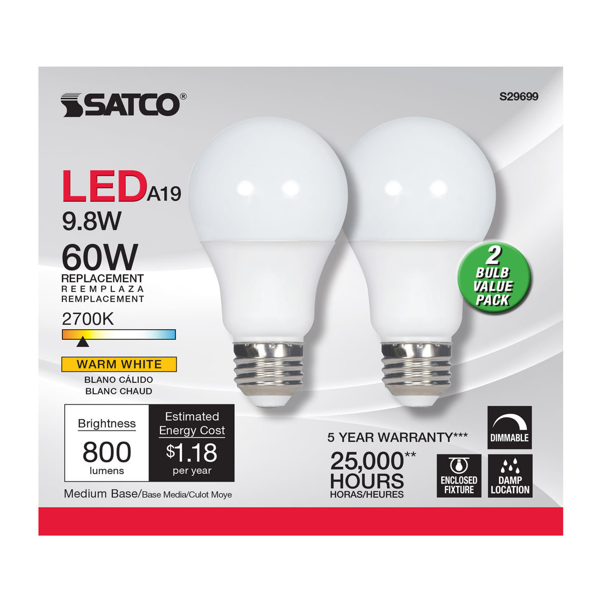 9.8 Watt - A19 LED - Medium base - 2700K - Frosted - 220 deg. Beam Angle - 120 Volt - 2-Pack Display Pack