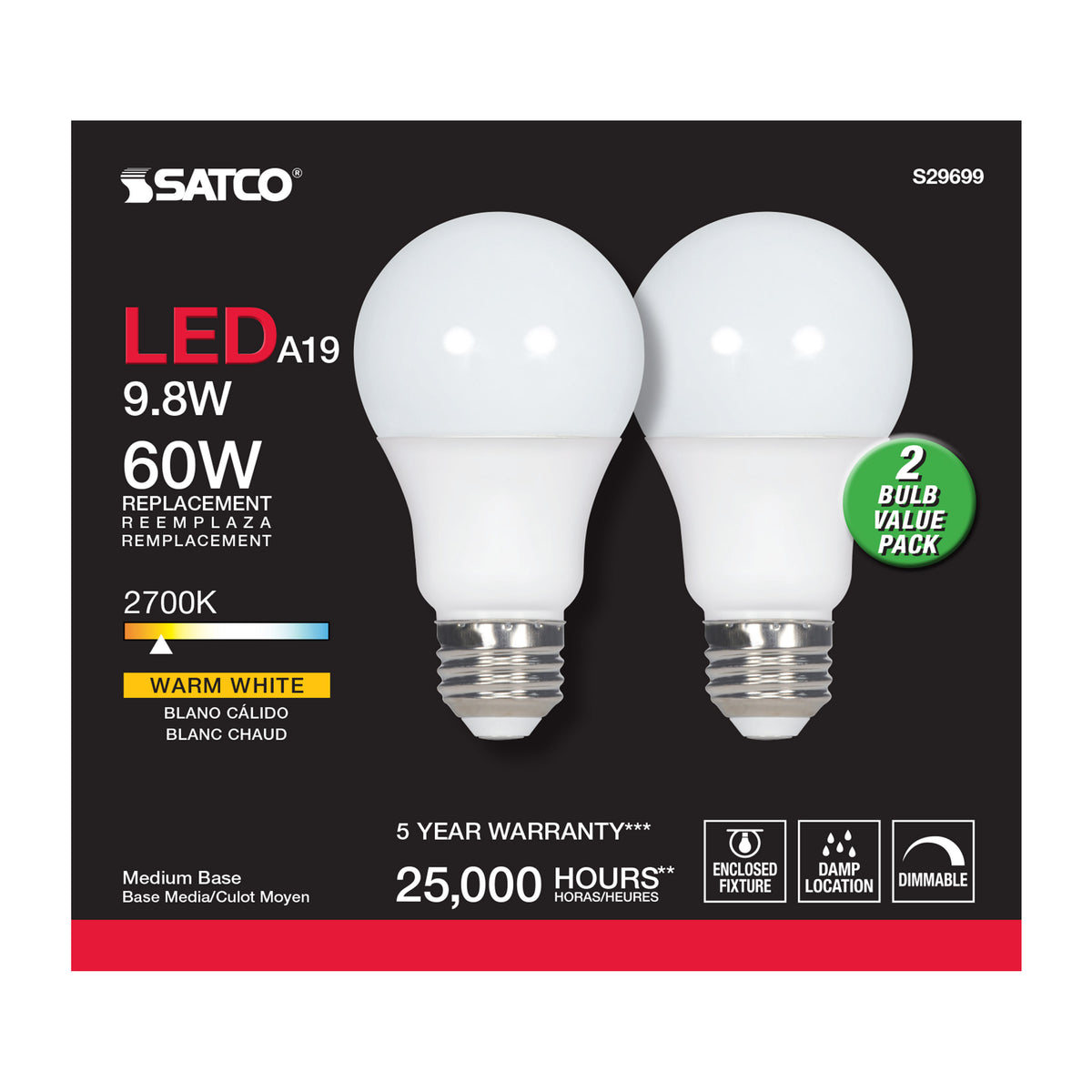 9.8 Watt - A19 LED - Medium base - 2700K - Frosted - 220 deg. Beam Angle - 120 Volt - 2-Pack Display Pack