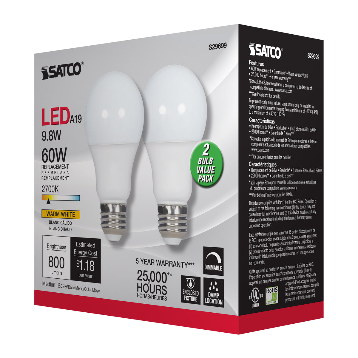 9.8 Watt - A19 LED - Medium base - 2700K - Frosted - 220 deg. Beam Angle - 120 Volt - 2-Pack Display Pack