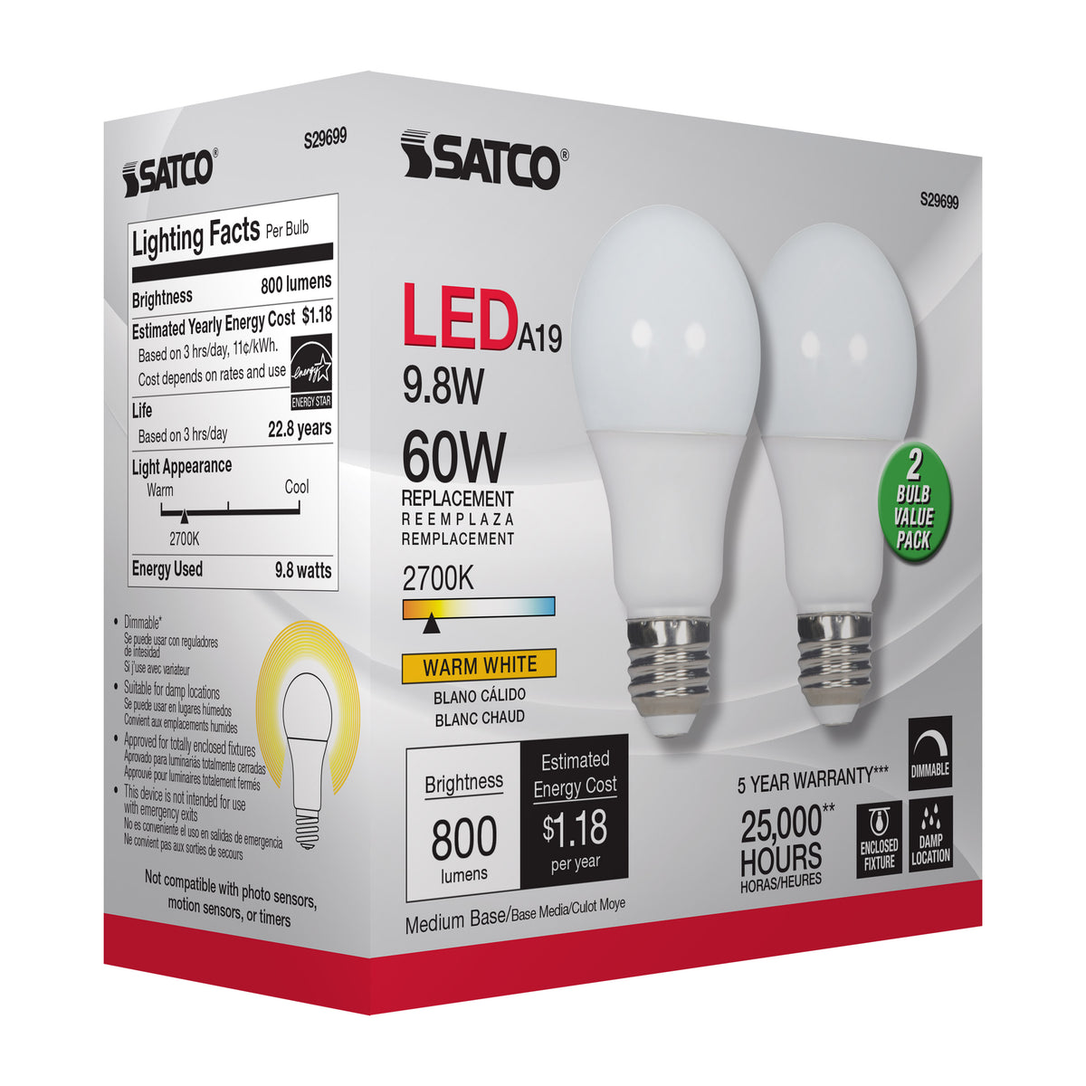 9.8 Watt - A19 LED - Medium base - 2700K - Frosted - 220 deg. Beam Angle - 120 Volt - 2-Pack Display Pack