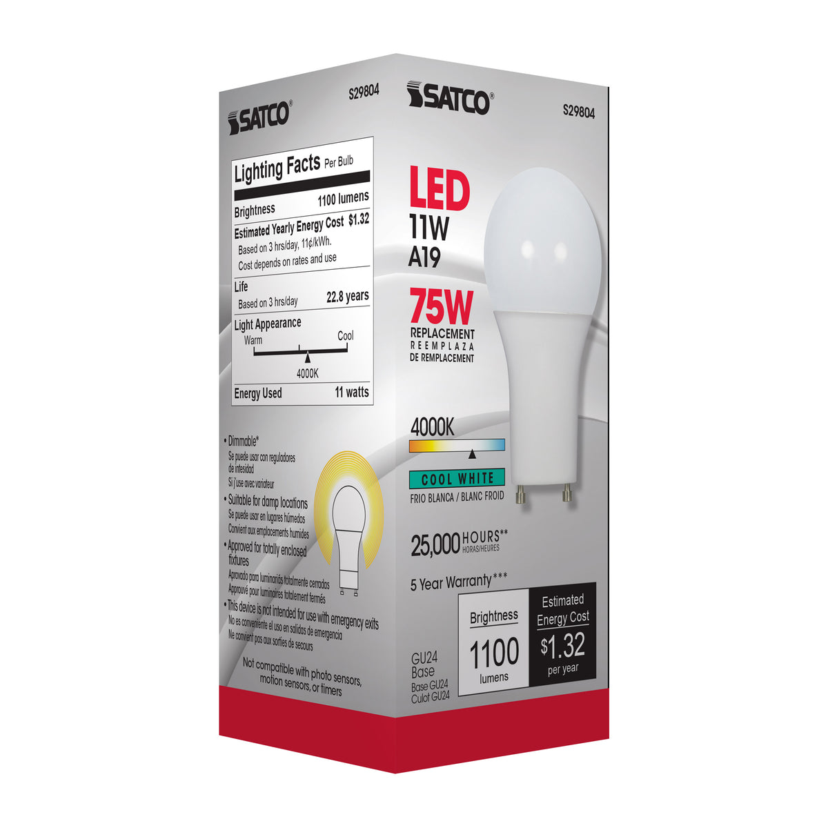 11 Watt - A19 LED - 4000K - GU24 base - 220 deg. Beam Angle - 120 Volt