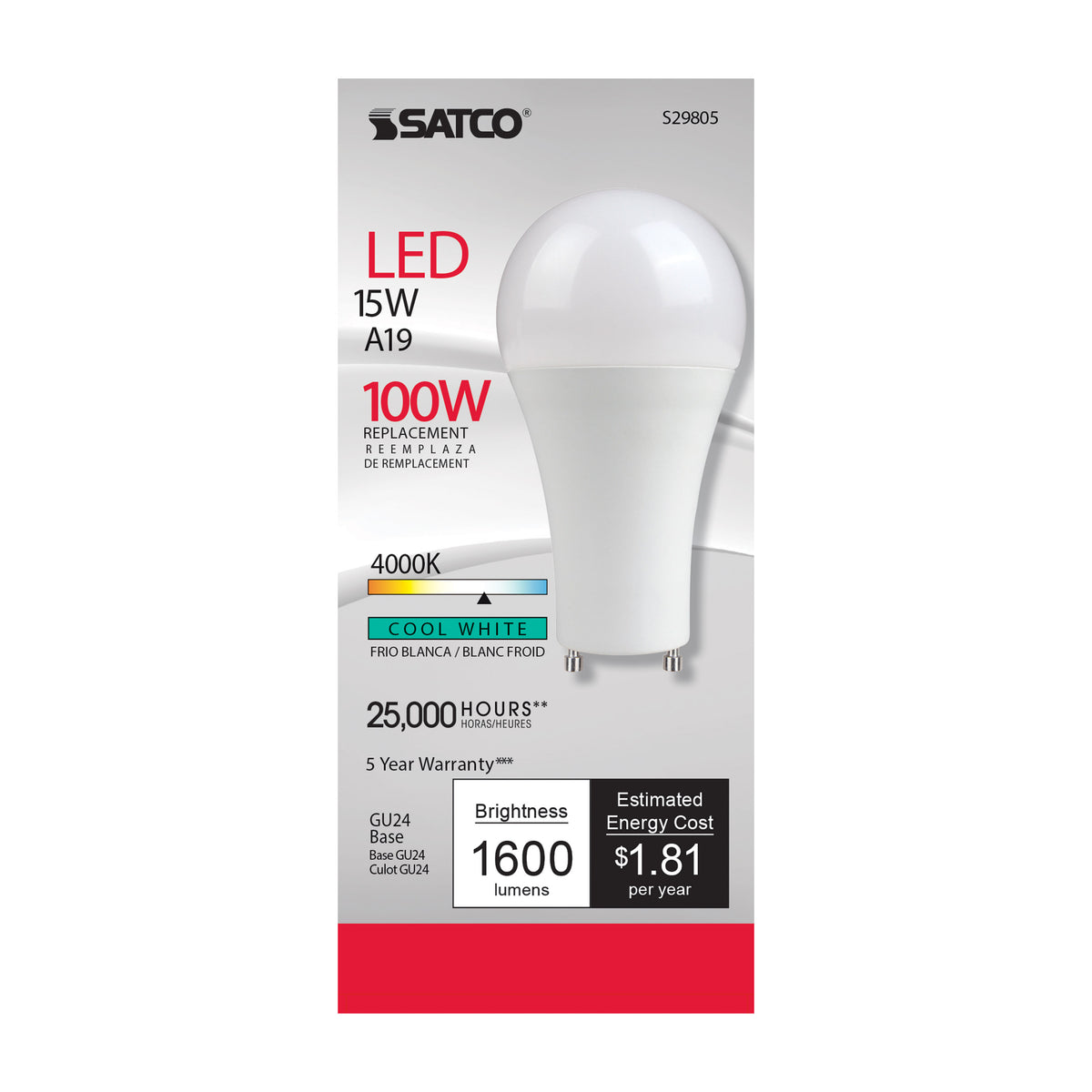 15 Watt - A19 LED - Frosted - 4000K - GU24 base - 220 deg. Beam Angle - 120 Volt