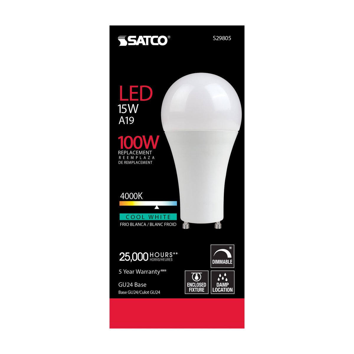 15 Watt - A19 LED - Frosted - 4000K - GU24 base - 220 deg. Beam Angle - 120 Volt