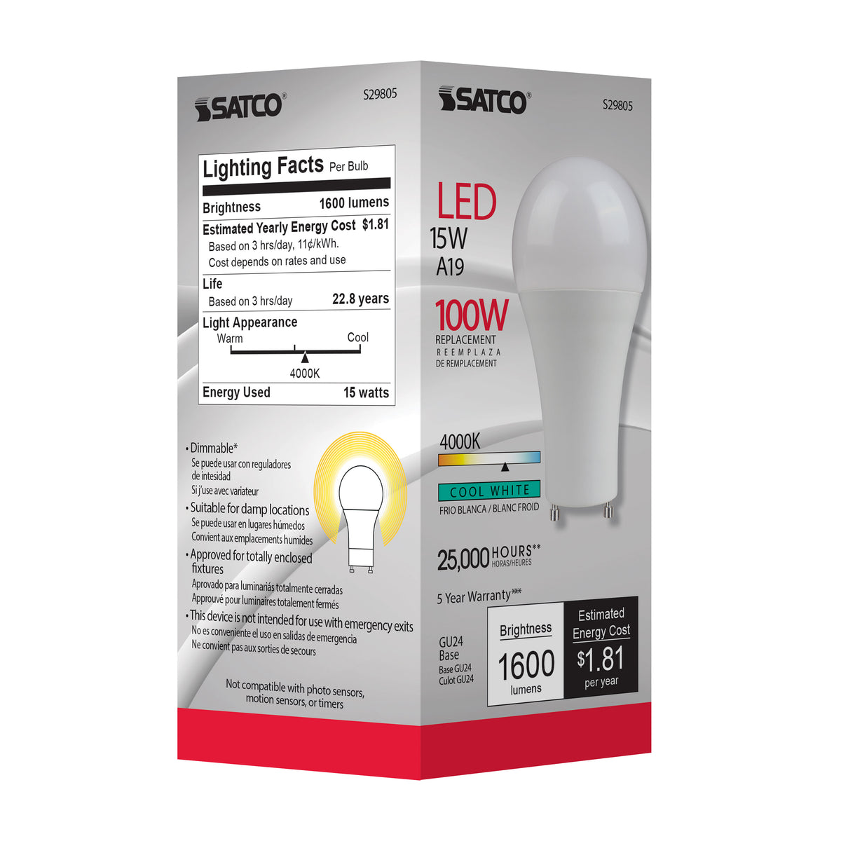 15 Watt - A19 LED - Frosted - 4000K - GU24 base - 220 deg. Beam Angle - 120 Volt