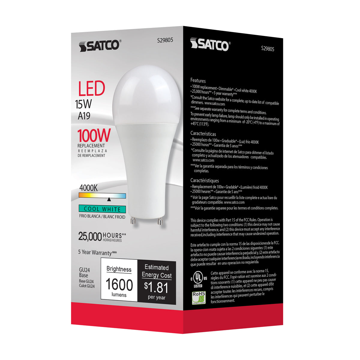 15 Watt - A19 LED - Frosted - 4000K - GU24 base - 220 deg. Beam Angle - 120 Volt