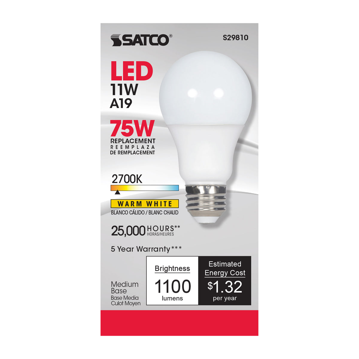 11 Watt - A19 LED - 2700K - Medium base - 220 deg. Beam Angle - 120 Volt