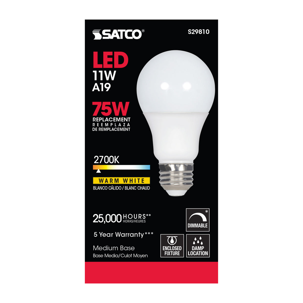 11 Watt - A19 LED - 2700K - Medium base - 220 deg. Beam Angle - 120 Volt