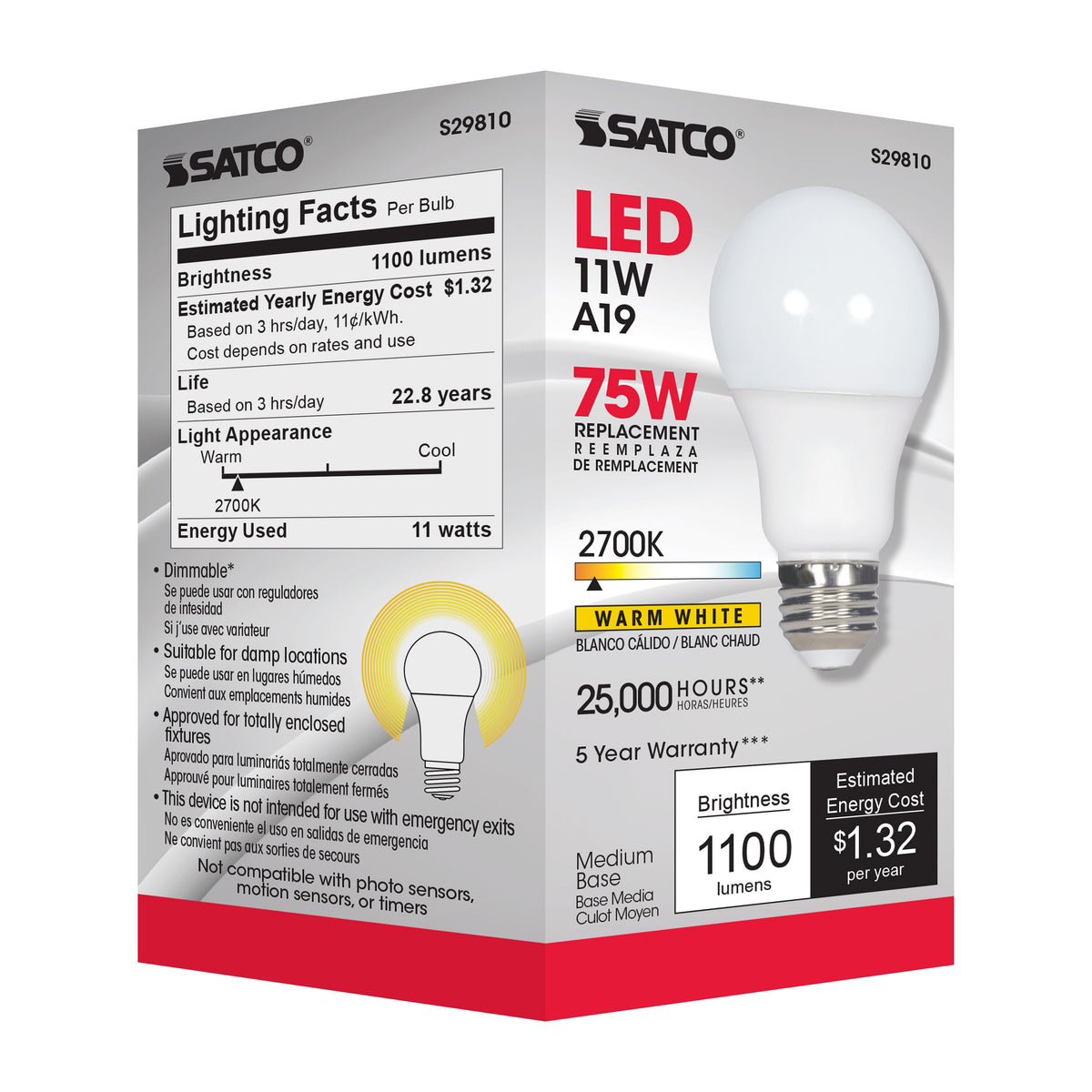 11 Watt - A19 LED - 2700K - Medium base - 220 deg. Beam Angle - 120 Volt