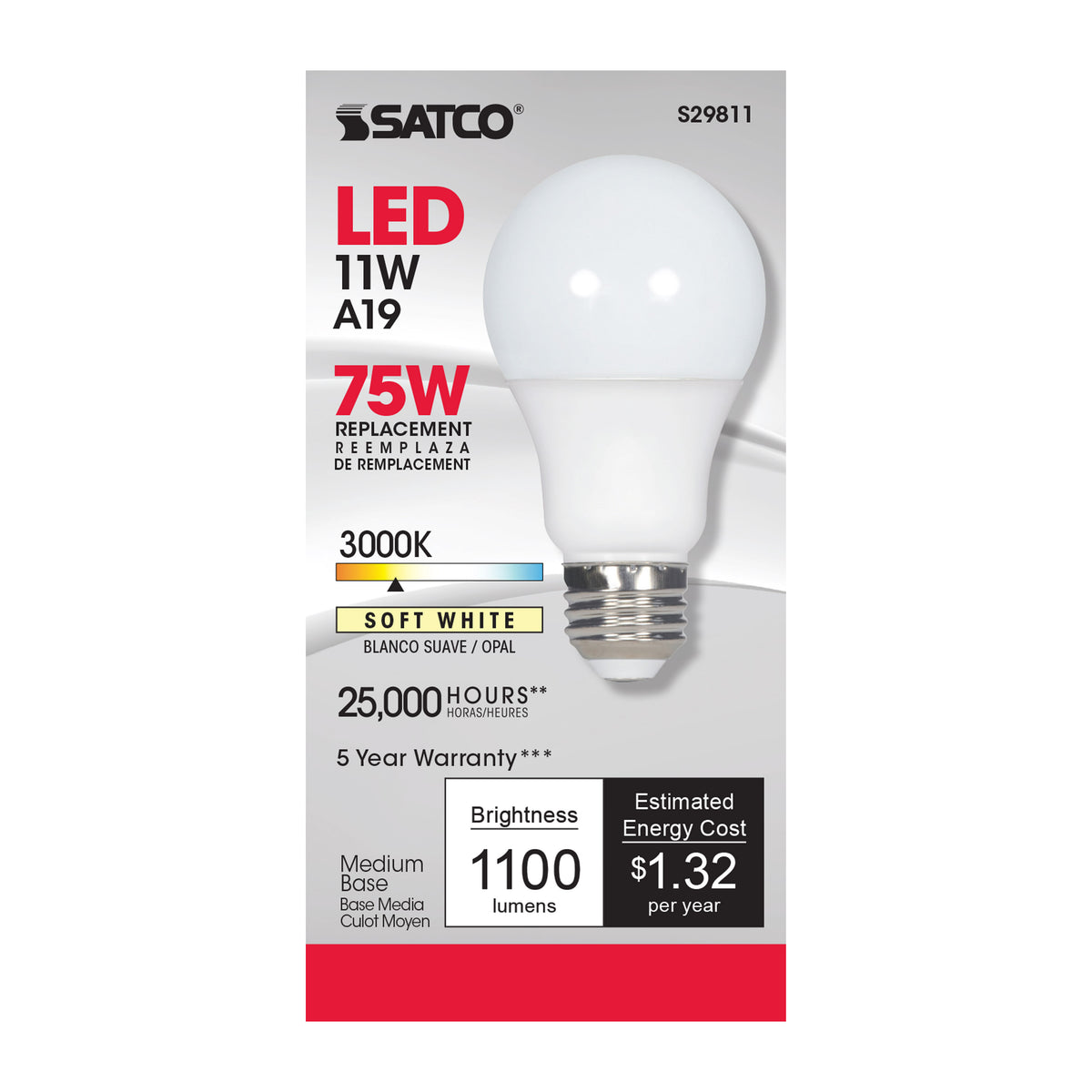 11 Watt - A19 LED - 3000K - Medium base - 220 deg. Beam Angle - 120 Volt