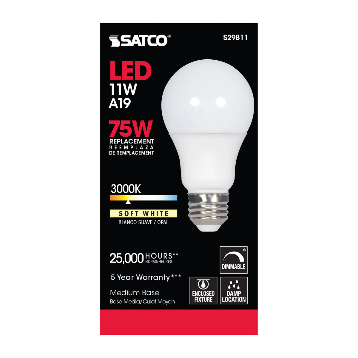 11 Watt - A19 LED - 3000K - Medium base - 220 deg. Beam Angle - 120 Volt