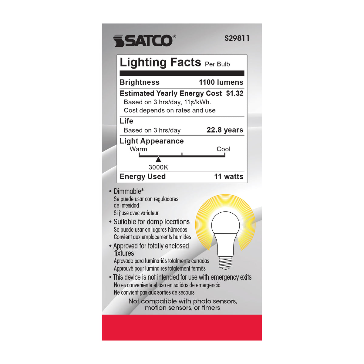 11 Watt - A19 LED - 3000K - Medium base - 220 deg. Beam Angle - 120 Volt