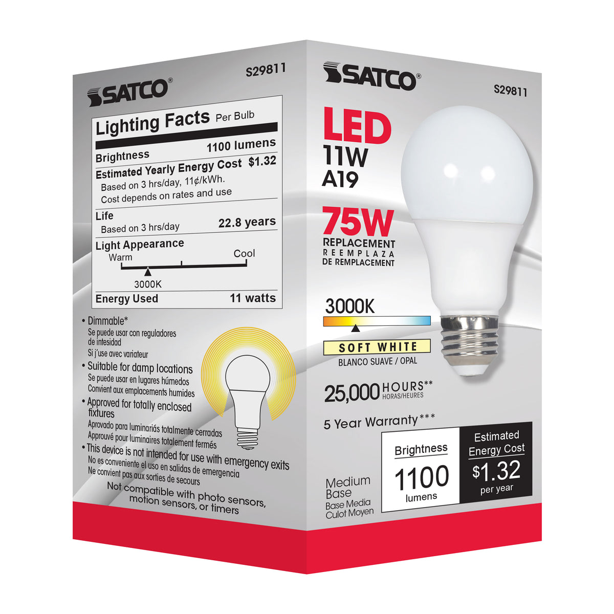 11 Watt - A19 LED - 3000K - Medium base - 220 deg. Beam Angle - 120 Volt