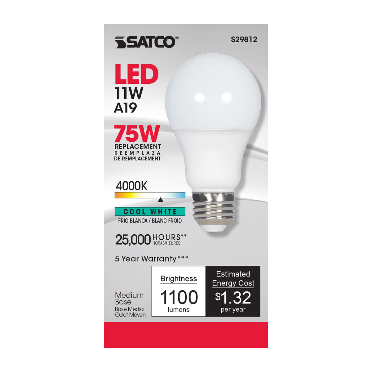 11 Watt - A19 LED - 4000K - Medium base - 220 deg. Beam Angle - 120 Volt