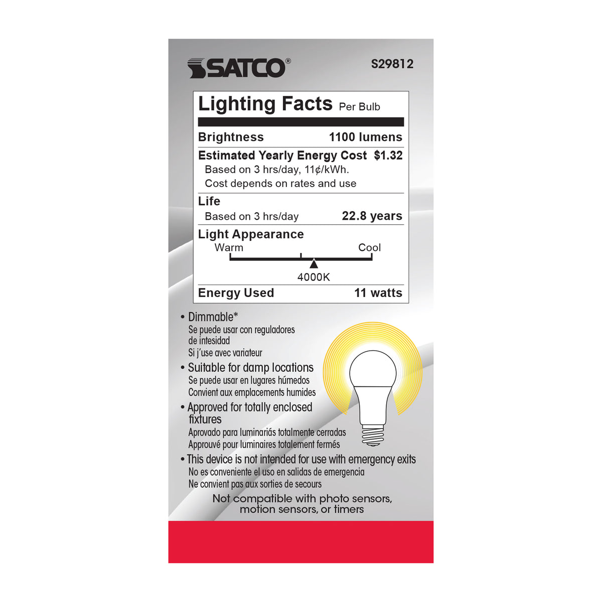 11 Watt - A19 LED - 4000K - Medium base - 220 deg. Beam Angle - 120 Volt