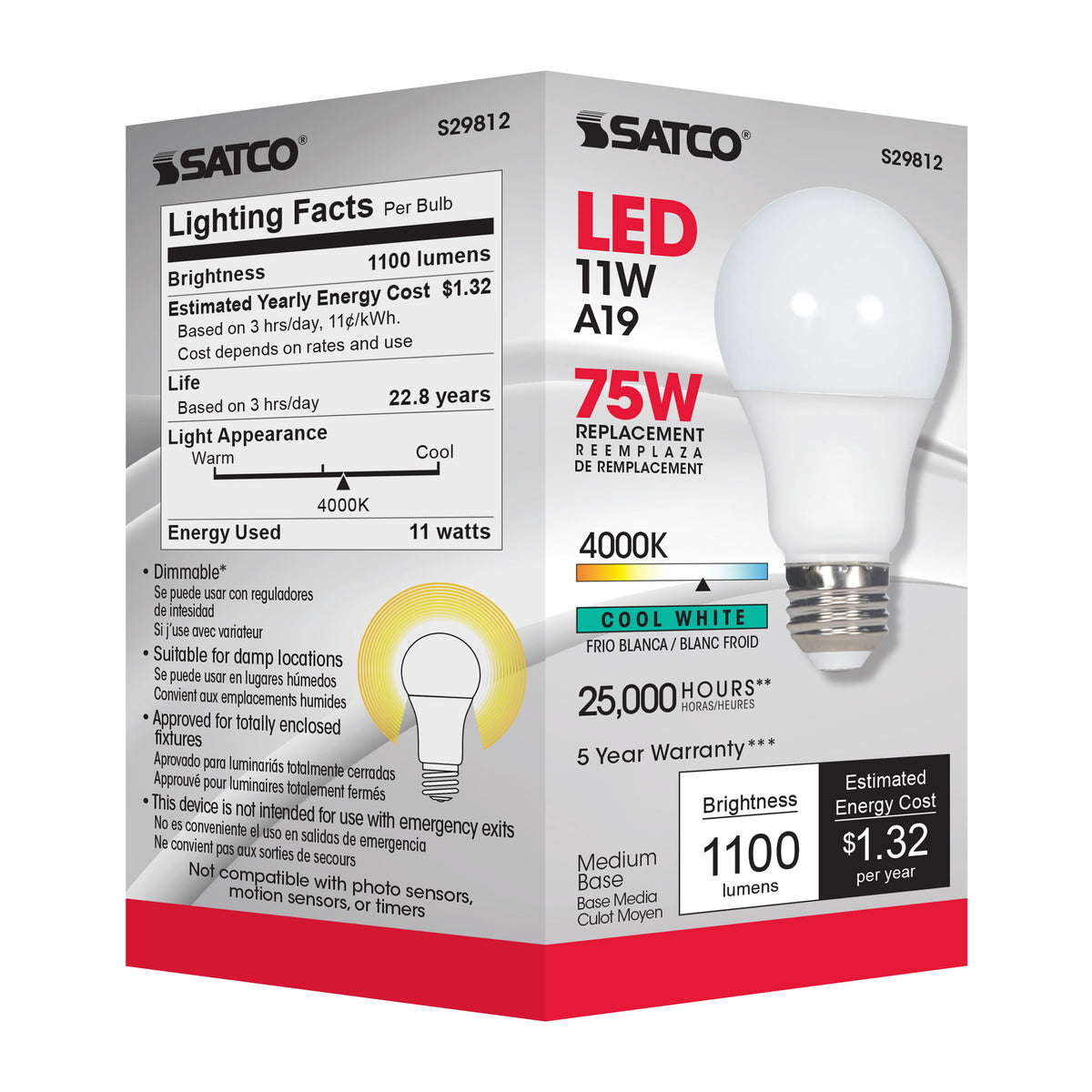 11 Watt - A19 LED - 4000K - Medium base - 220 deg. Beam Angle - 120 Volt