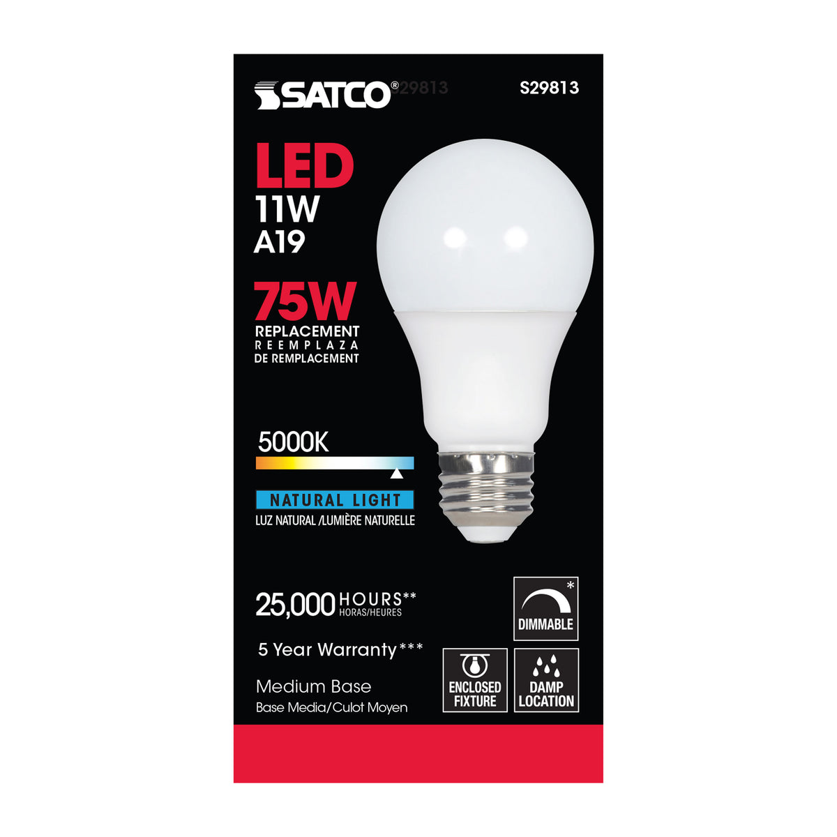 11 Watt - A19 LED - 5000K - Medium base - 220 deg. Beam Angle - 120 Volt
