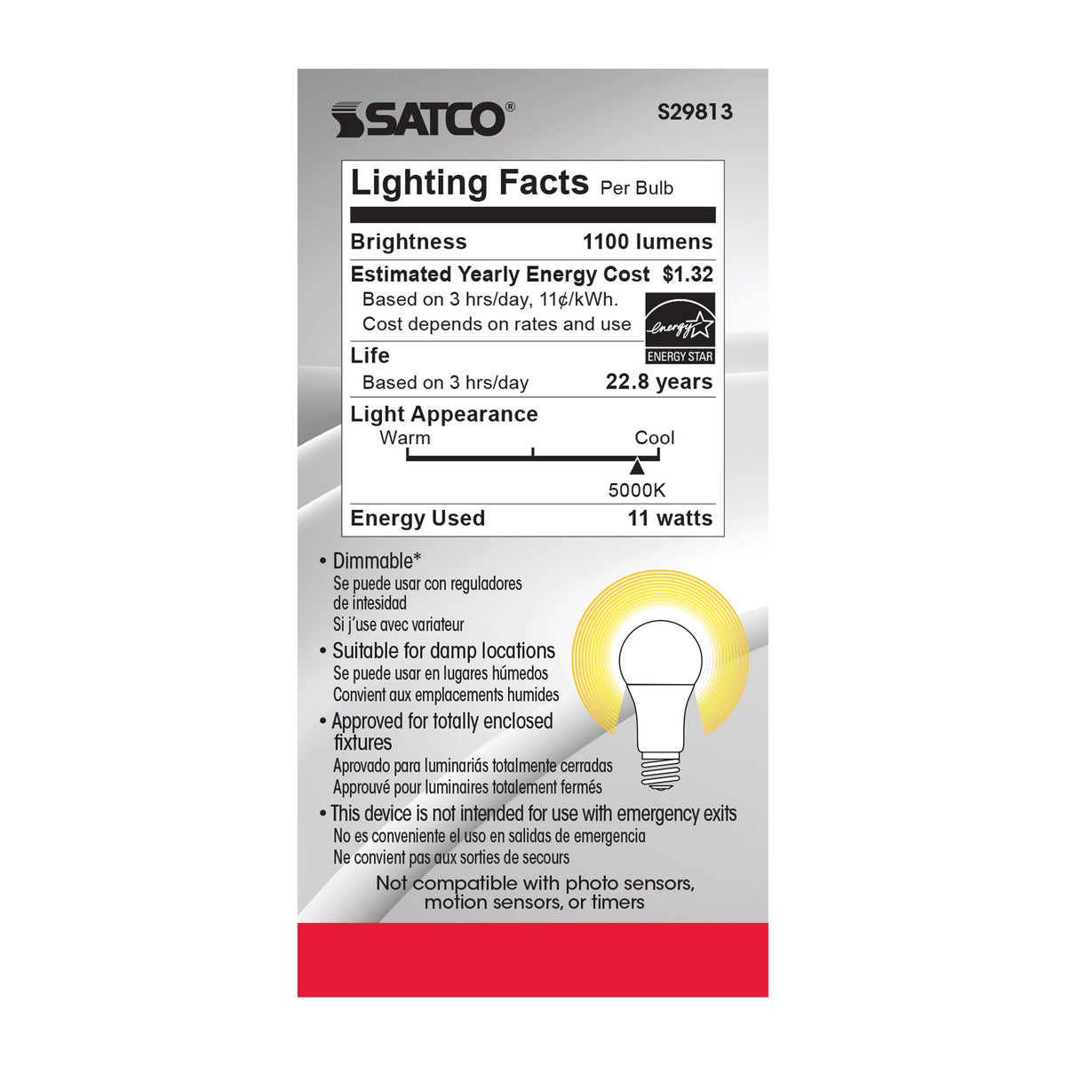 11 Watt - A19 LED - 5000K - Medium base - 220 deg. Beam Angle - 120 Volt