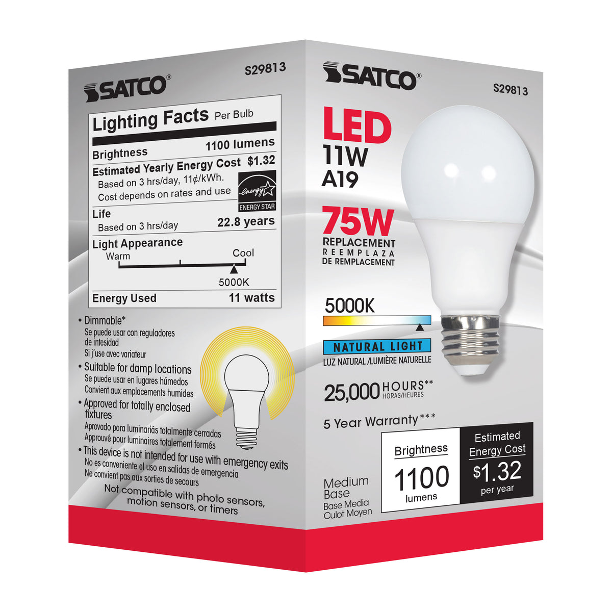 11 Watt - A19 LED - 5000K - Medium base - 220 deg. Beam Angle - 120 Volt