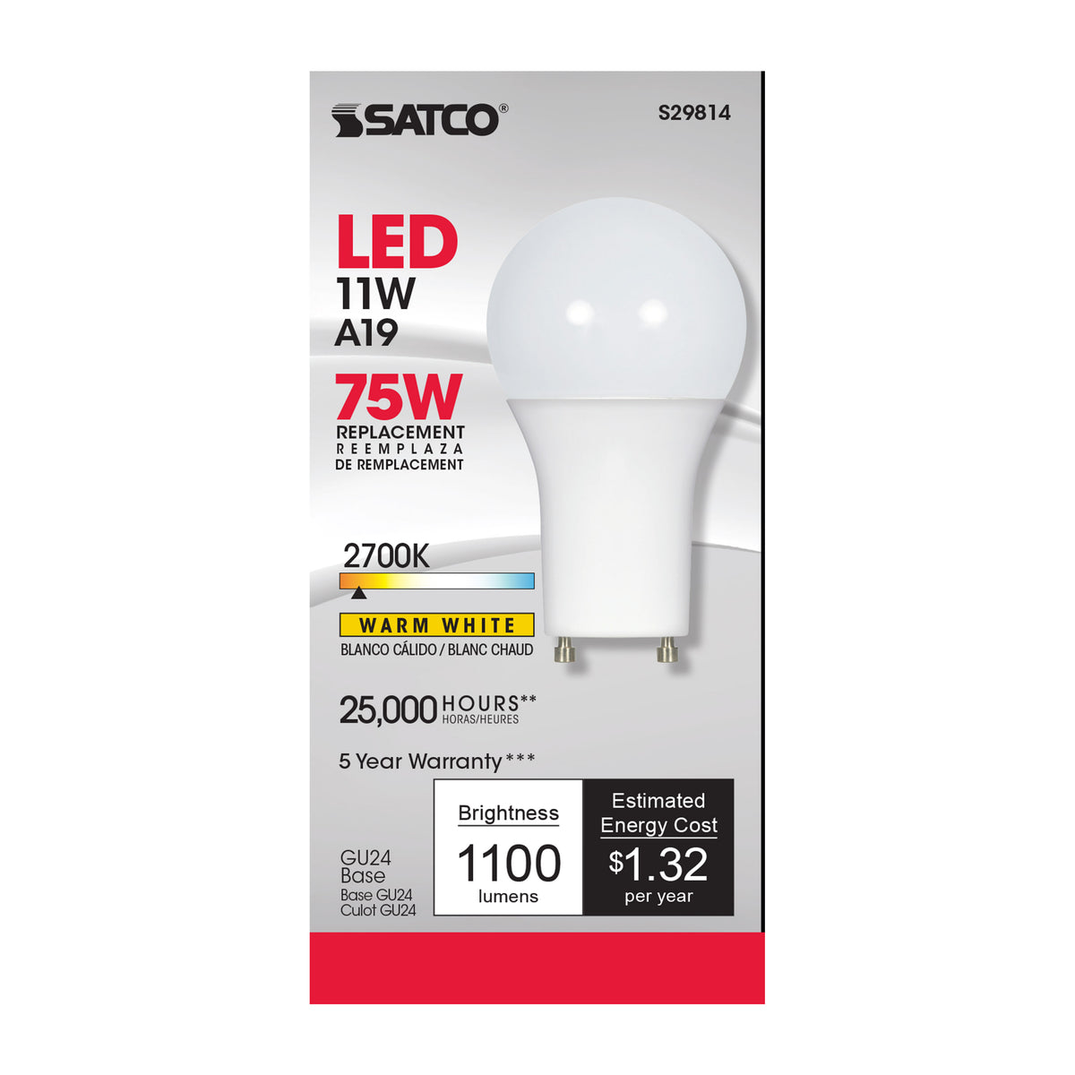 11 Watt - A19 LED - 2700K - GU24 base - 220 deg. Beam Angle - 120 Volt