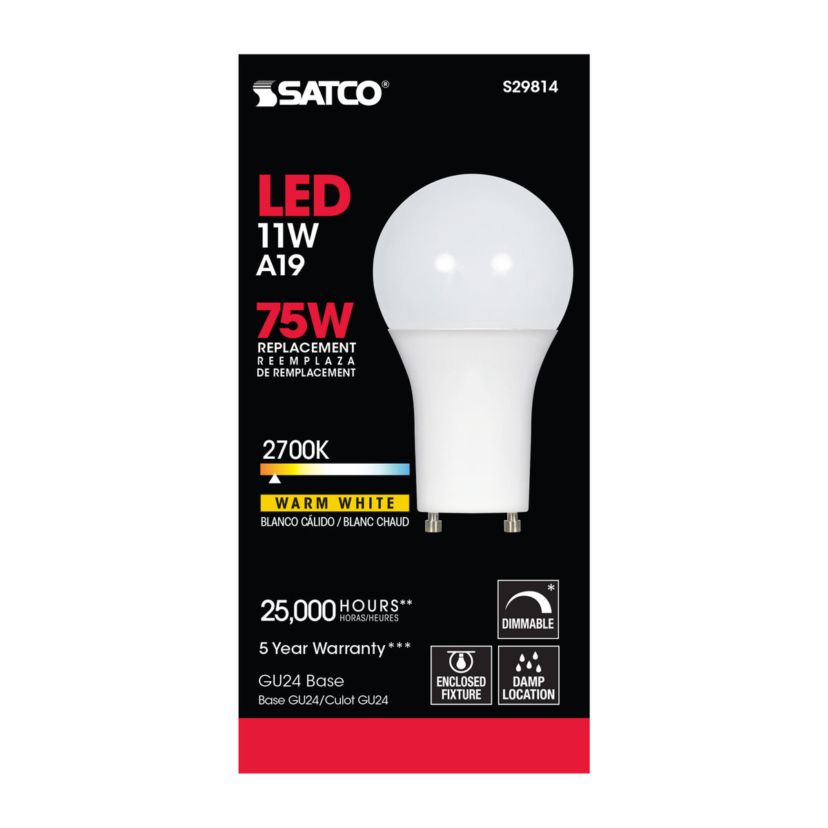 11 Watt - A19 LED - 2700K - GU24 base - 220 deg. Beam Angle - 120 Volt