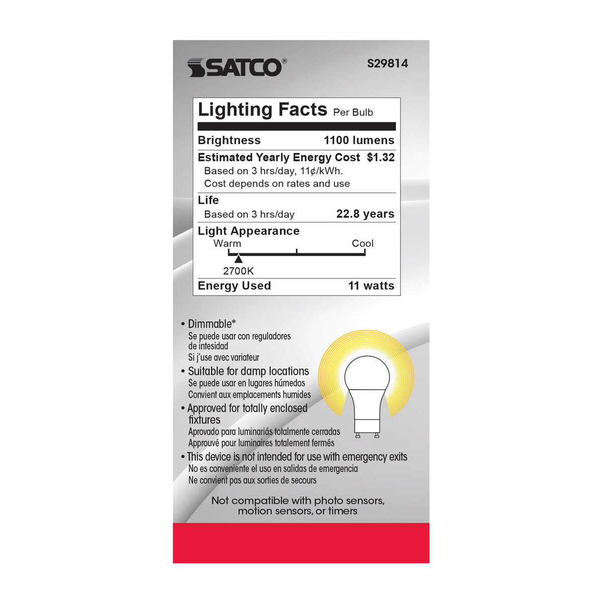 11 Watt - A19 LED - 2700K - GU24 base - 220 deg. Beam Angle - 120 Volt
