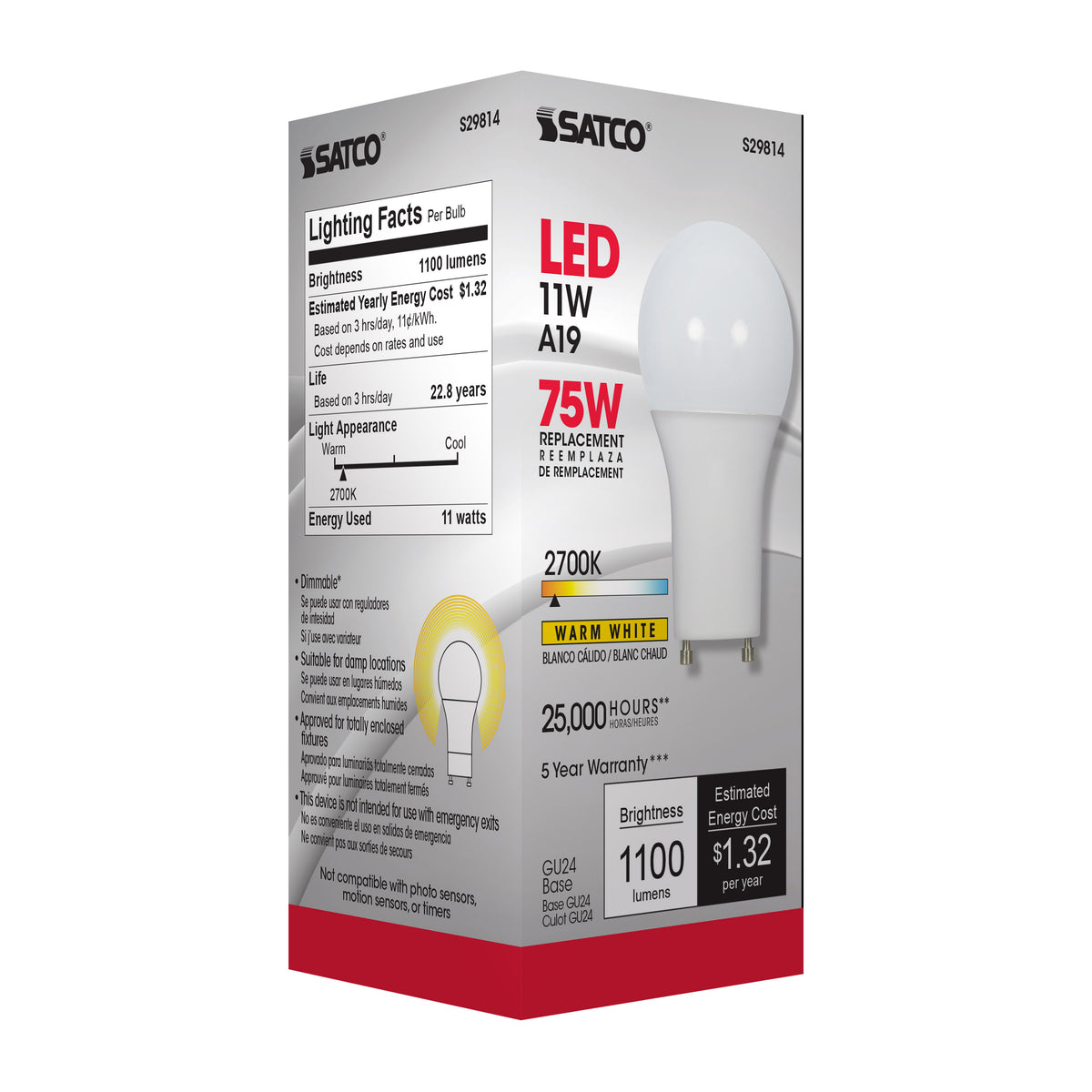 11 Watt - A19 LED - 2700K - GU24 base - 220 deg. Beam Angle - 120 Volt
