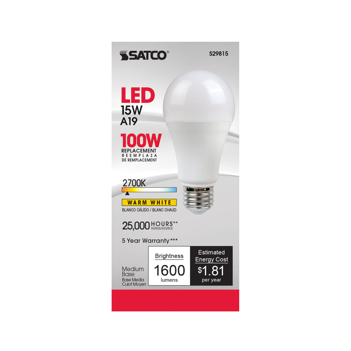 15 Watt - A19 LED - Frosted - 2700K - Medium base - 220 deg. Beam Angle - 120 Volt