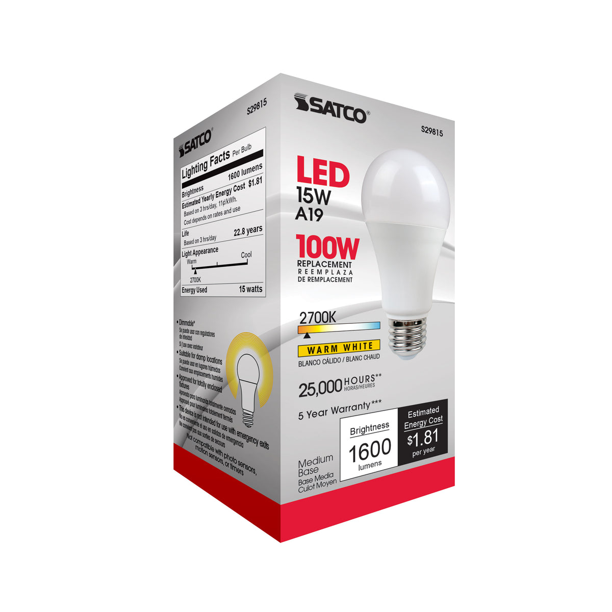 15 Watt - A19 LED - Frosted - 2700K - Medium base - 220 deg. Beam Angle - 120 Volt
