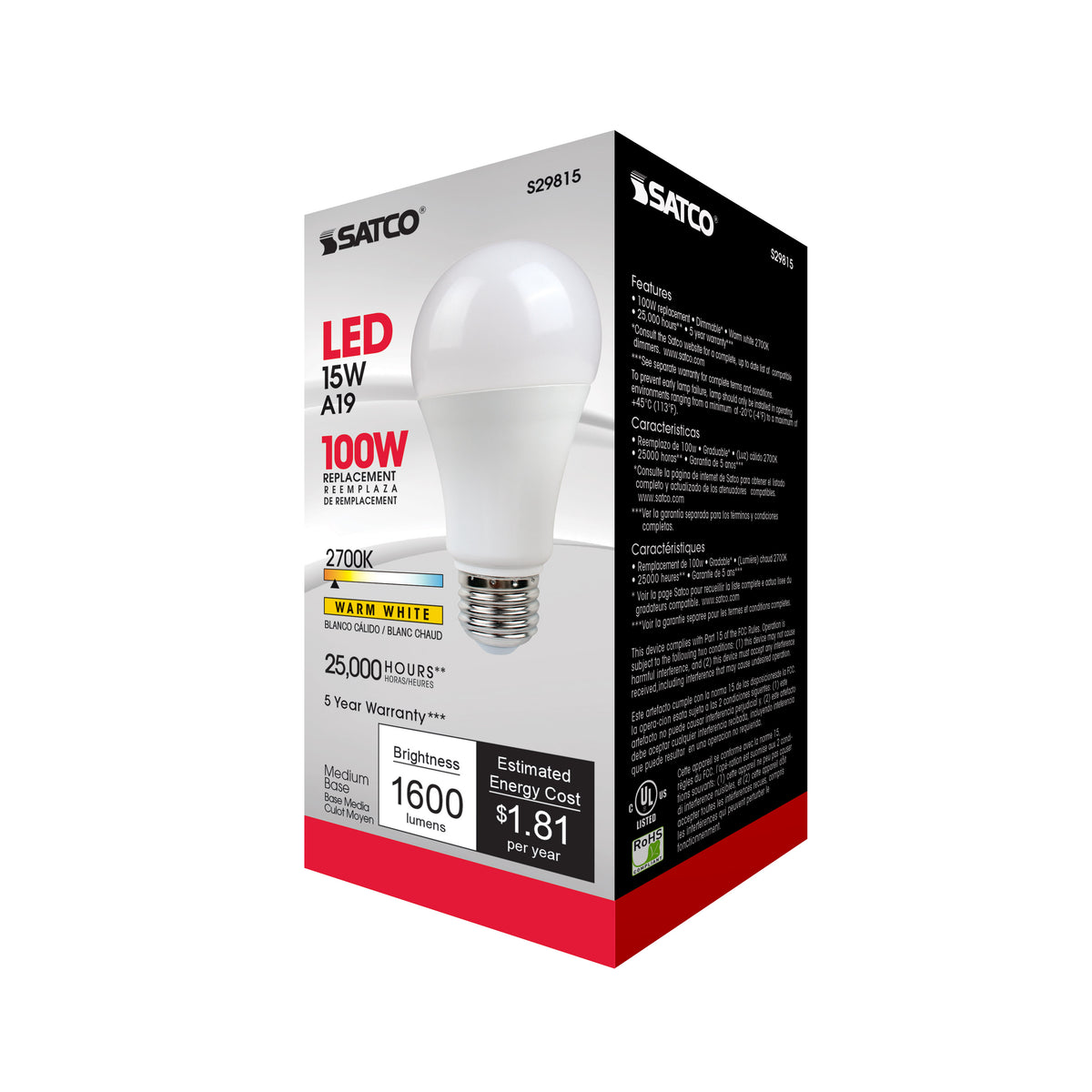 15 Watt - A19 LED - Frosted - 2700K - Medium base - 220 deg. Beam Angle - 120 Volt