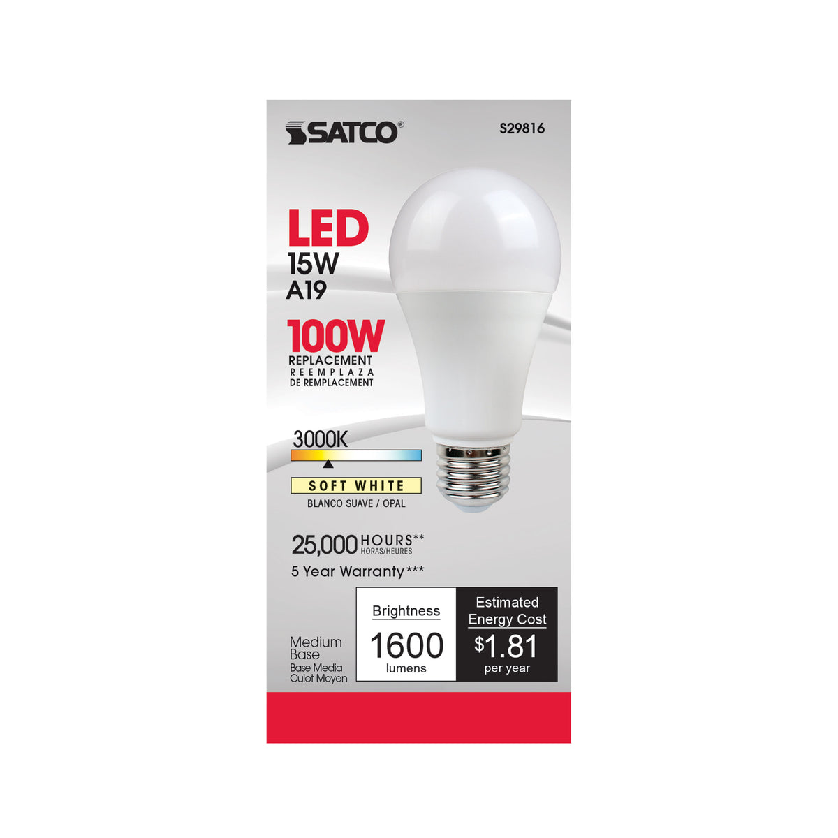 15 Watt - A19 LED - Frosted - 3000K - Medium base - 220 deg. Beam Angle - 120 Volt