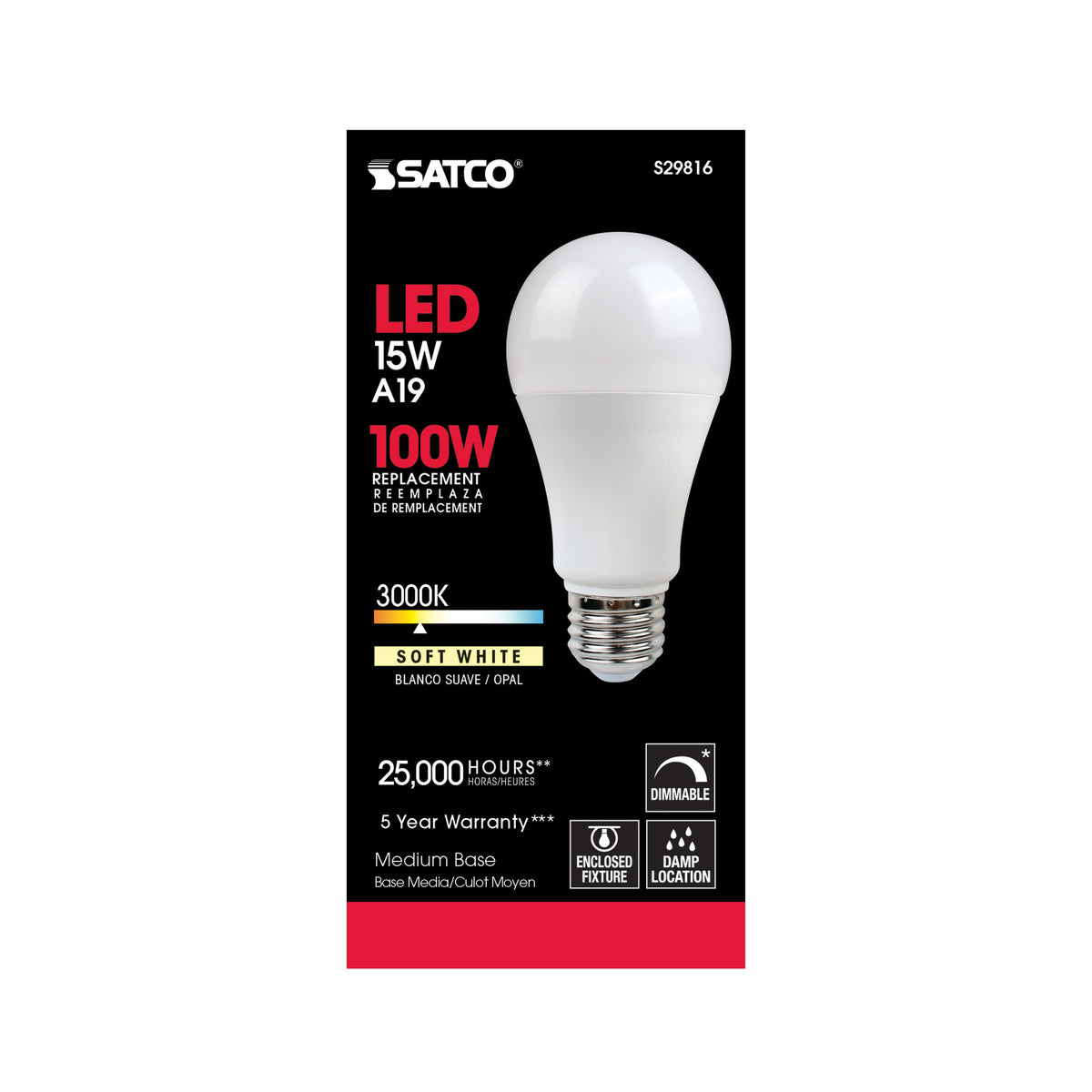 15 Watt - A19 LED - Frosted - 3000K - Medium base - 220 deg. Beam Angle - 120 Volt
