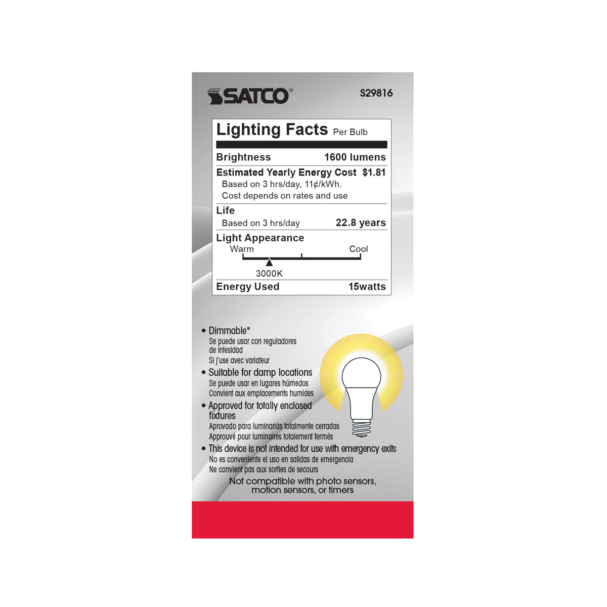 15 Watt - A19 LED - Frosted - 3000K - Medium base - 220 deg. Beam Angle - 120 Volt