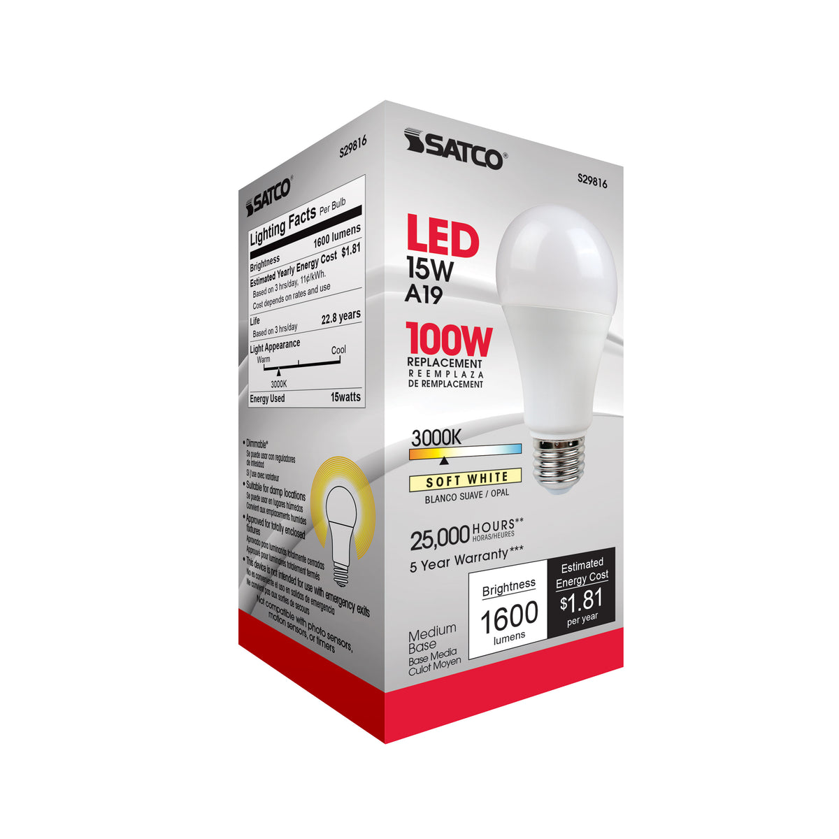 15 Watt - A19 LED - Frosted - 3000K - Medium base - 220 deg. Beam Angle - 120 Volt