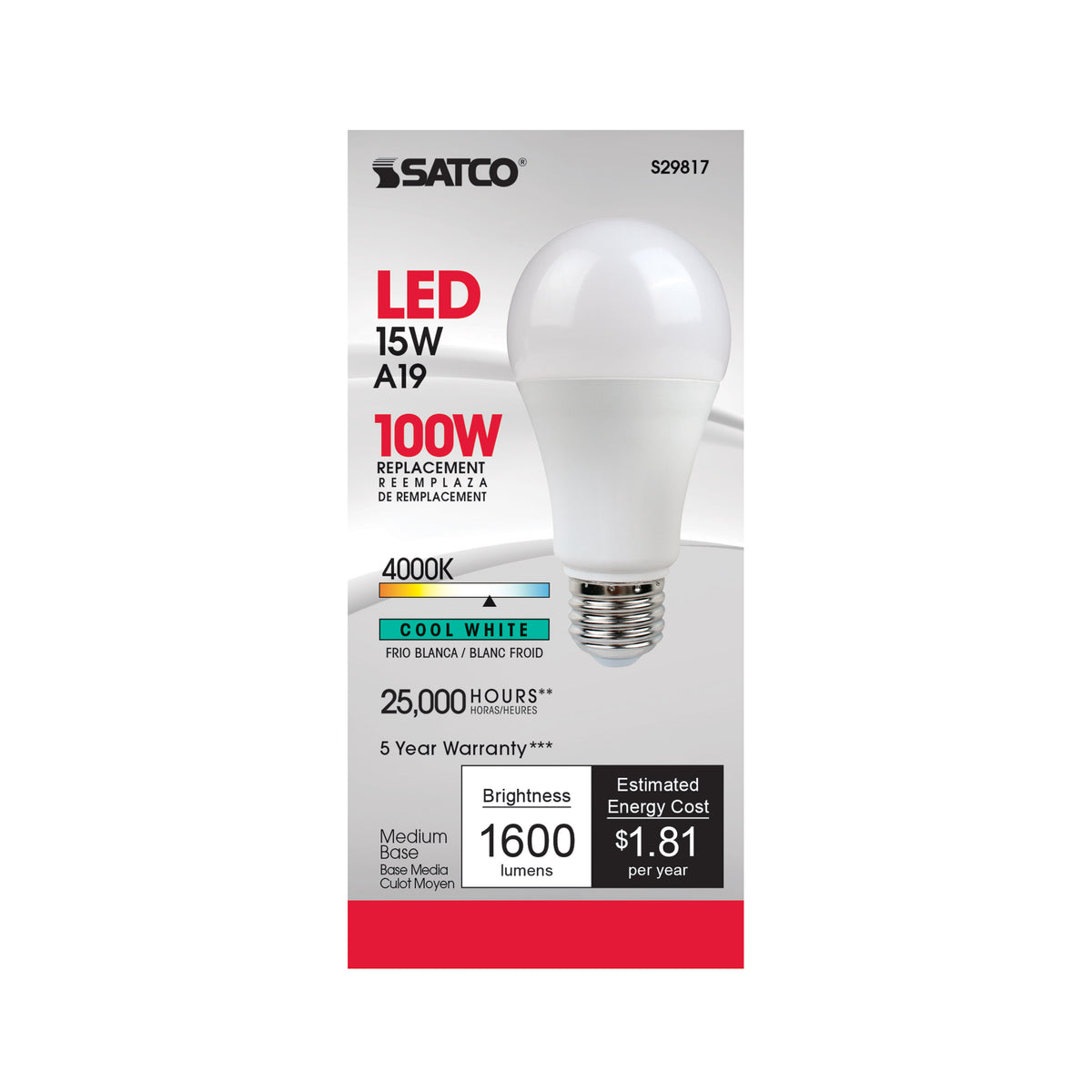 15 Watt - A19 LED - Frosted - 4000K - Medium base - 220 deg. Beam Angle - 120 Volt