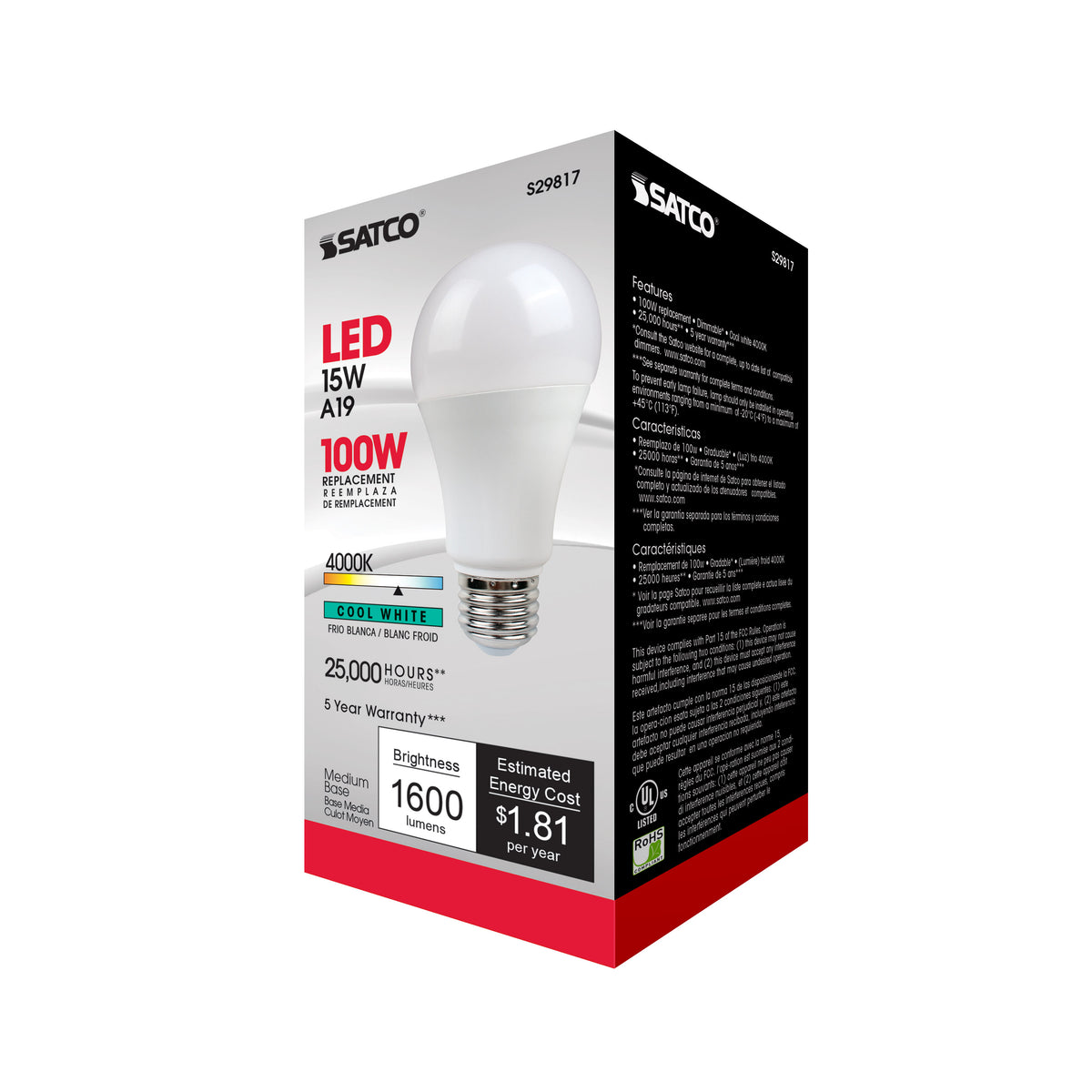 15 Watt - A19 LED - Frosted - 4000K - Medium base - 220 deg. Beam Angle - 120 Volt