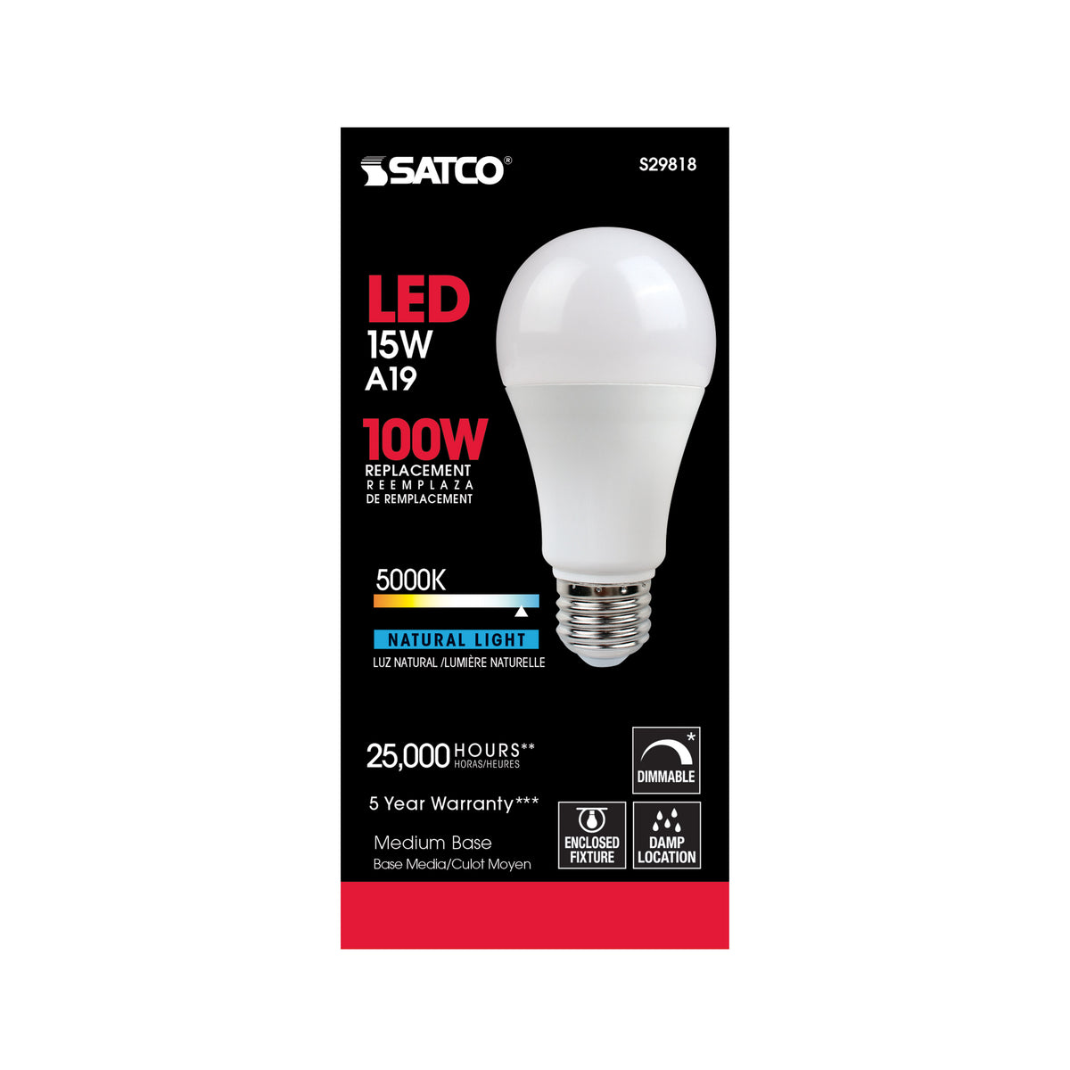 15 Watt - A19 LED - Frosted - 5000K - Medium base - 220 deg. Beam Angle - 120 Volt