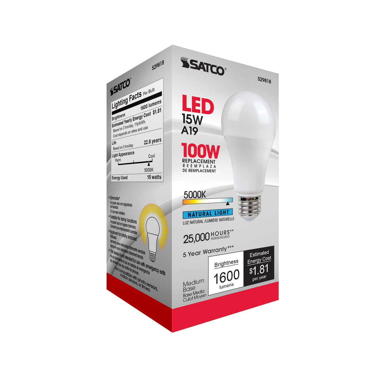 15 Watt - A19 LED - Frosted - 5000K - Medium base - 220 deg. Beam Angle - 120 Volt