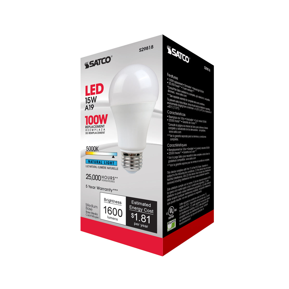 15 Watt - A19 LED - Frosted - 5000K - Medium base - 220 deg. Beam Angle - 120 Volt