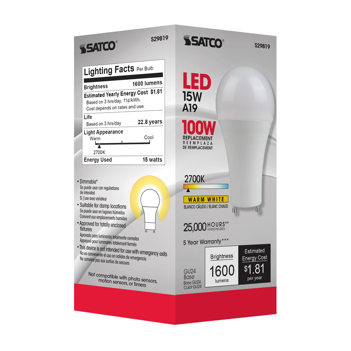 15 Watt - A19 LED - Frosted - 2700K - GU24 base - 220 deg. Beam Angle - 120 Volt