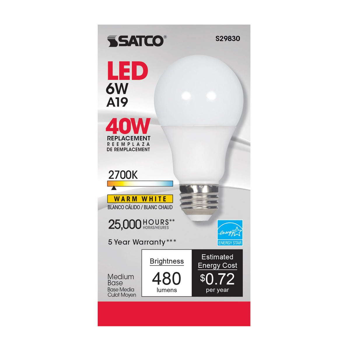 6 Watt - A19 LED - 2700K - Medium base - 220 deg. Beam Angle - 120 Volt