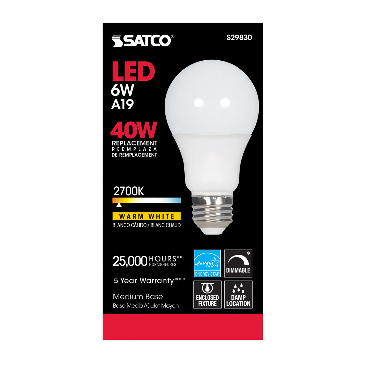 6 Watt - A19 LED - 2700K - Medium base - 220 deg. Beam Angle - 120 Volt