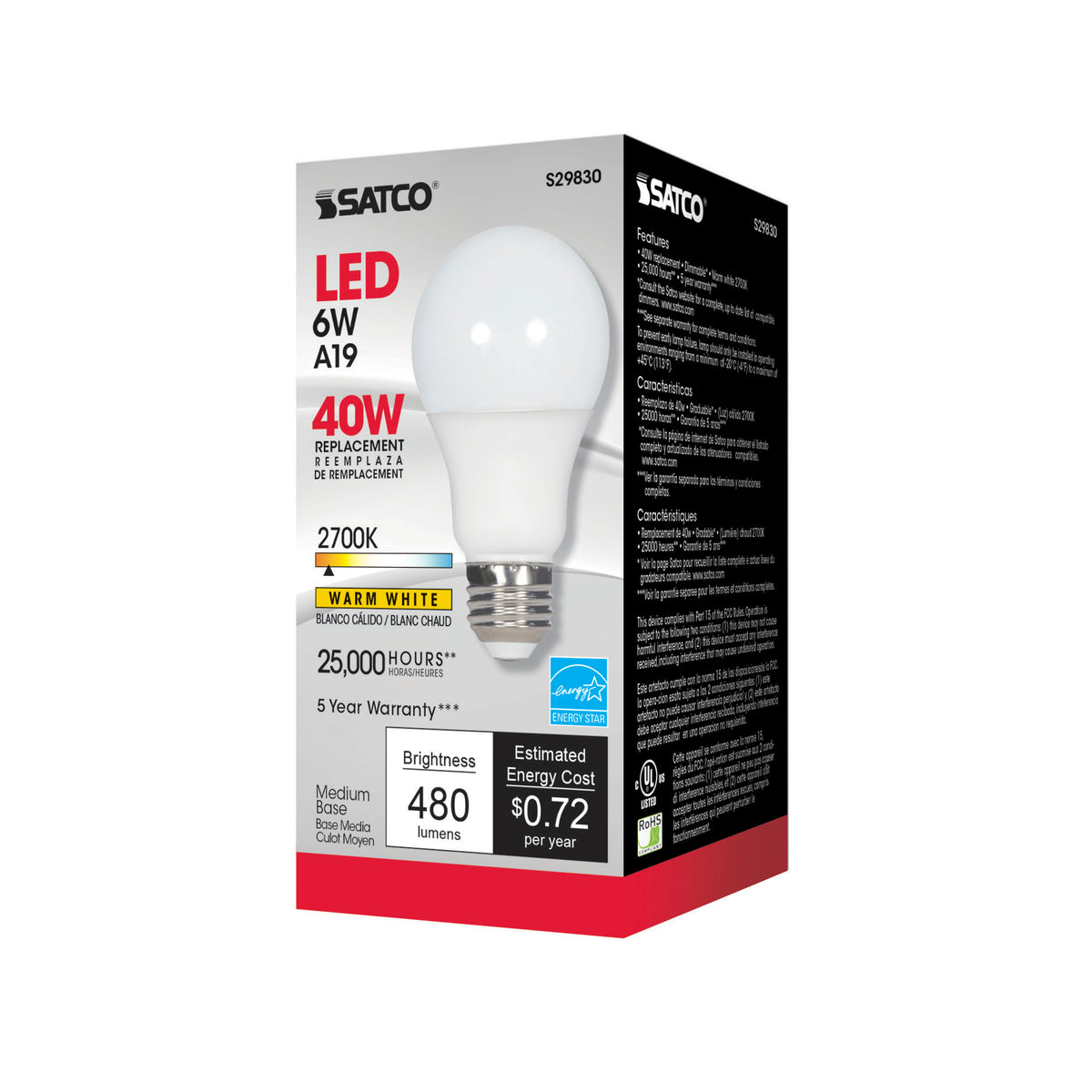 6 Watt - A19 LED - 2700K - Medium base - 220 deg. Beam Angle - 120 Volt